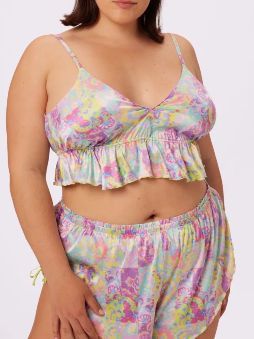 Pastel Floral Satin Ruffle Bralette & Shorts Sleep Set - Multicolor